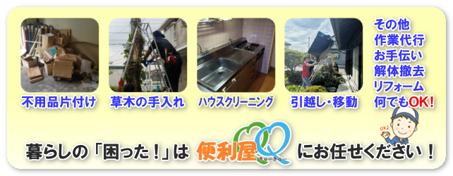 不用品片付け、草木の手入れ、ハウスクリーニング、引越し・移動
						その他、作業代行、お手伝い、解体撤去、リフォーム、何でもOK！暮らしの「困った！」は便利屋QQにお任せください！